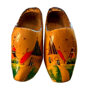 Vintage Authentic Dutch Hand Carved Painted Holland Wooden Clogs Shoes Windmill